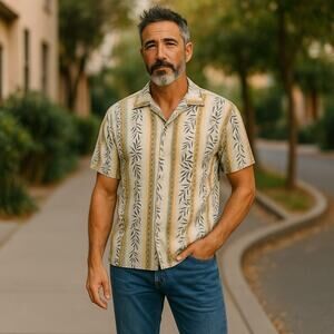 BC Ethic Mens Shirt L Short Sleeve Button Front Hawaiian Floral Waves Vintage